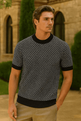 Men’s Plaid Knit Short Sleeve Shirt – Crew Neck, Stretch Fabric with Asymmetrical Hem