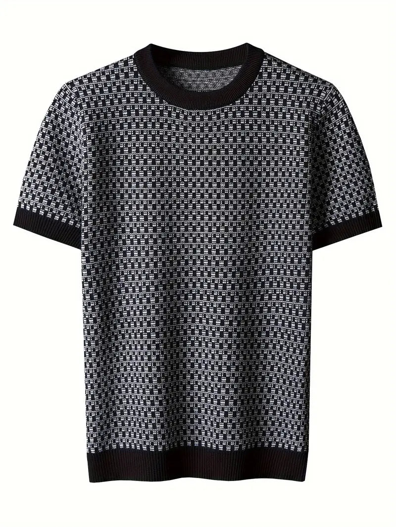 Men’s Plaid Knit Short Sleeve Shirt – Crew Neck, Stretch Fabric with Asymmetrical Hem