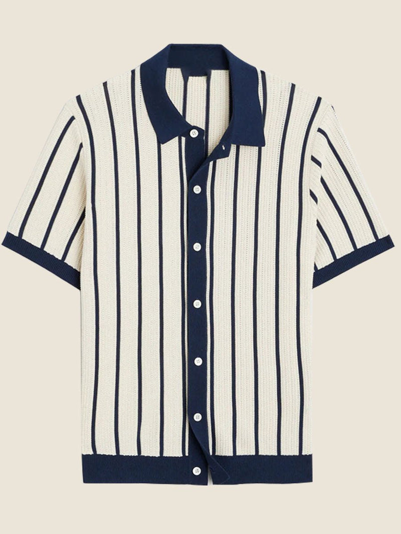 Men’s Striped Knit Polo Shirt – Short Sleeve, Lightweight Viscose with Contrast Collar