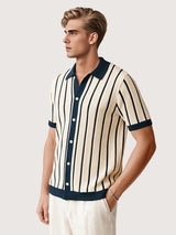Men’s Striped Knit Polo Shirt – Short Sleeve, Lightweight Viscose with Contrast Collar